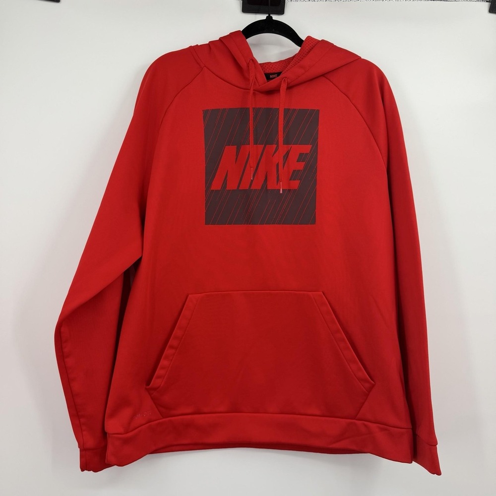 Nike Hoodie Mens XL Red Pullover Fleece Dri-FIT Pockets Drawstring Graphic